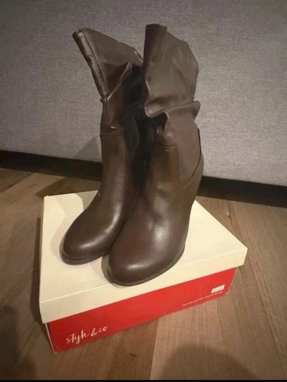 Style & Co Brown Slouch Leather Mid-Calf Heeled Boots
